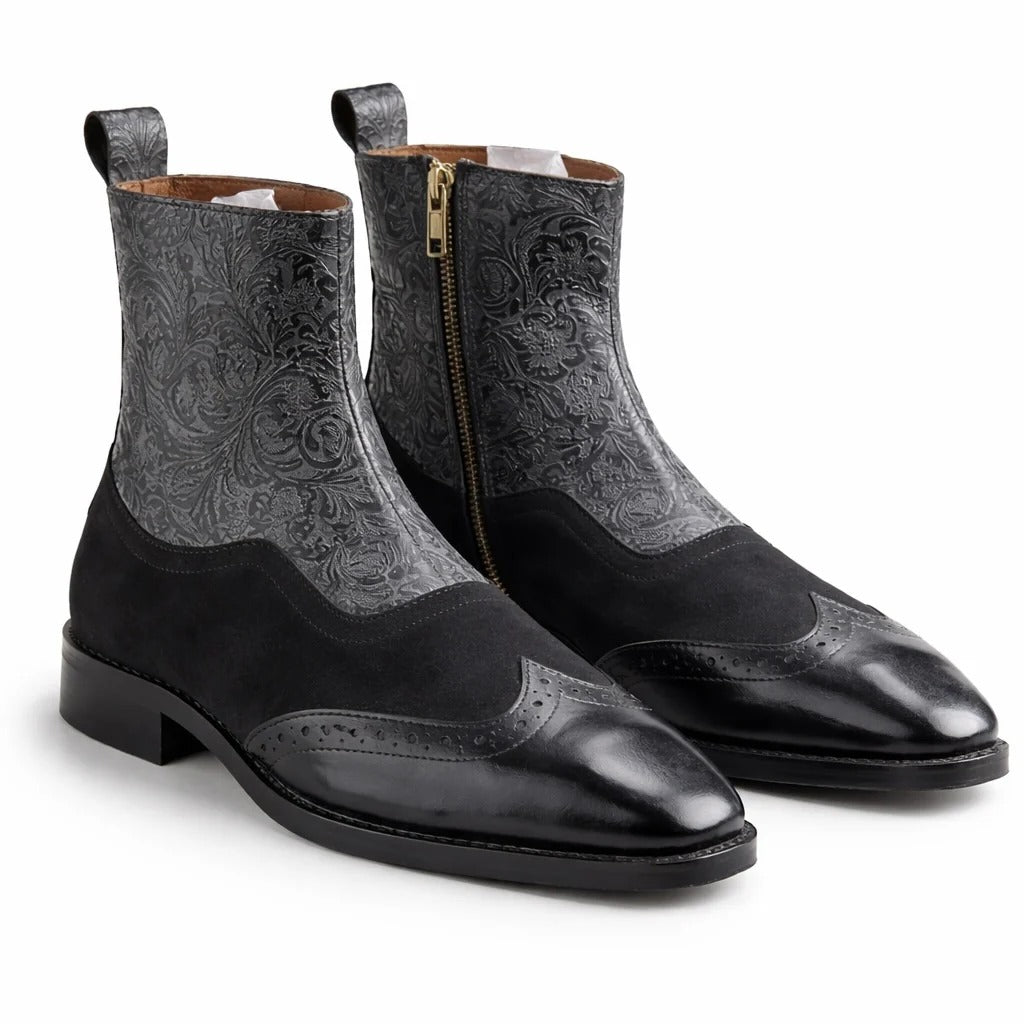 Men's Two-Tone Brogue Wingtip Embossed Leather Side Zip Ankle Boots