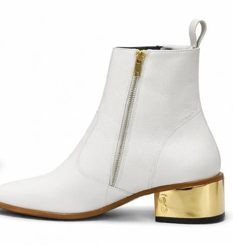 Pure White Cow Leather Gold Heel Side Zip Chelsea Boots