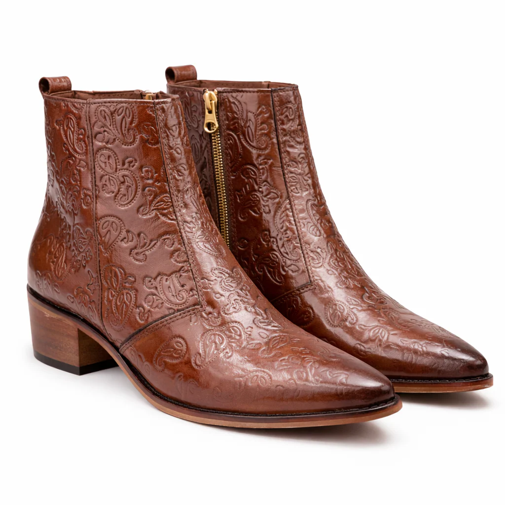 Men's Brown Embossed Paisley Leather Side Zip Western Ankle Boots