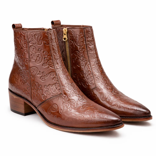 Men's Brown Embossed Paisley Leather Side Zip Western Ankle Boots