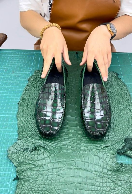 Verdancer Men's Croc-Embossed Leather Driving Loafers, Business & Casual Green Casual Moccasins