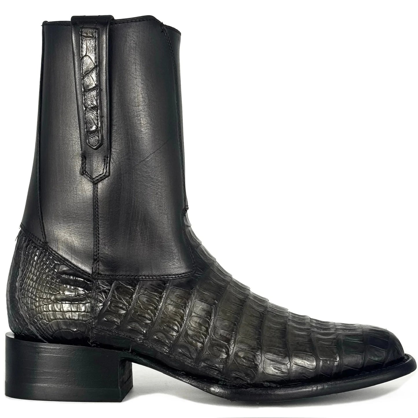 Men's Crocodile Embossed Leather Western Chelsea Boots, Block Heel Mid Calf Cowboy Ankle Boots