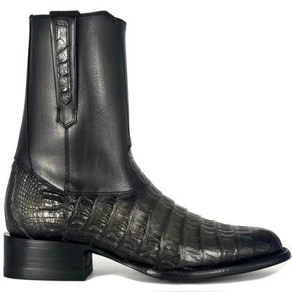 Men's Crocodile Embossed Leather Western Chelsea Boots, Block Heel Mid Calf Cowboy Ankle Boots