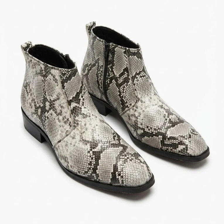 Men's Grey Snake Print Genuine Leather Pointed Toe Side Zip Ankle Boots