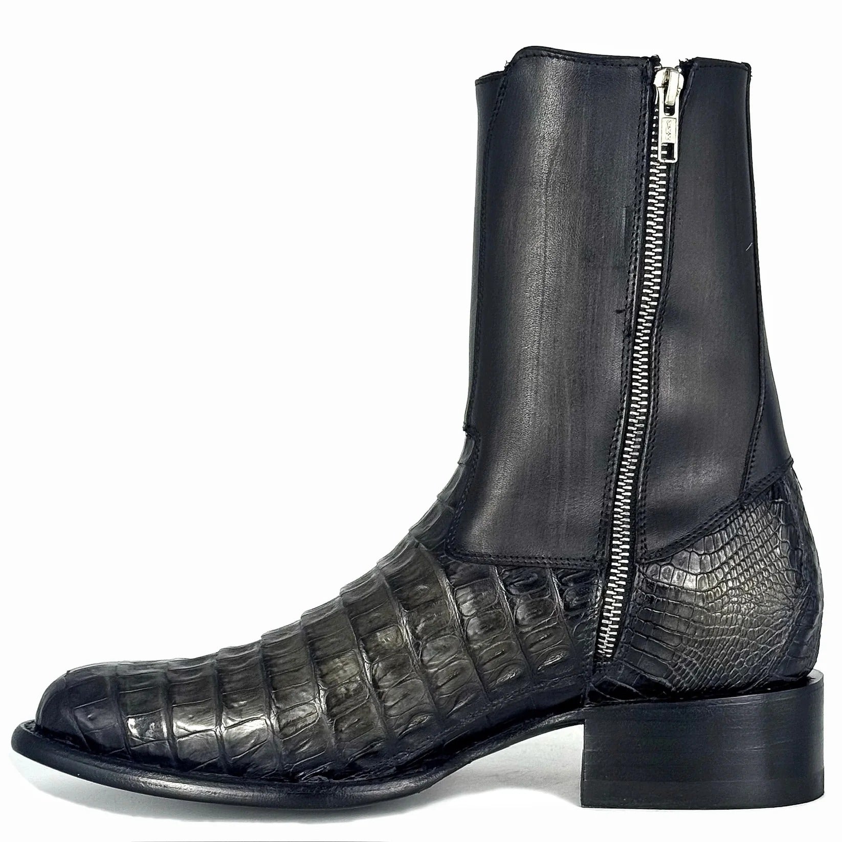 Men's Crocodile Embossed Leather Western Chelsea Boots, Block Heel Mid Calf Cowboy Ankle Boots
