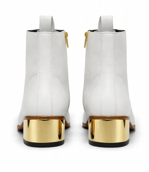 Pure White Cow Leather Gold Heel Side Zip Chelsea Boots