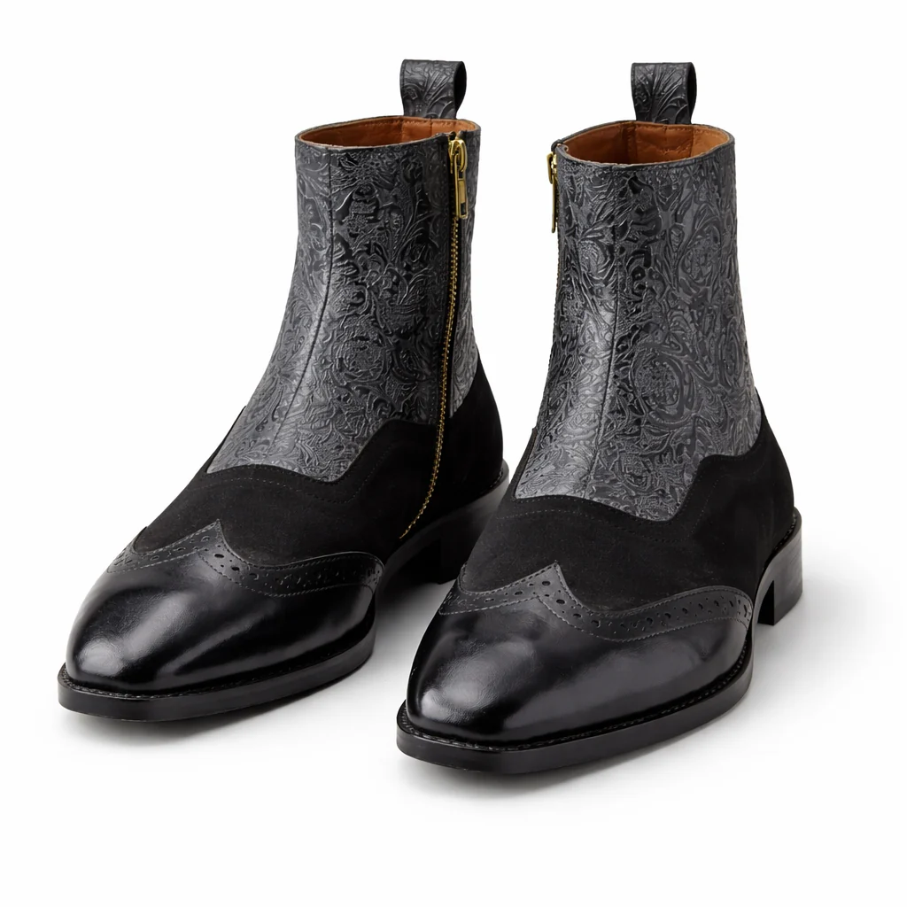 Men's Two-Tone Brogue Wingtip Embossed Leather Side Zip Ankle Boots