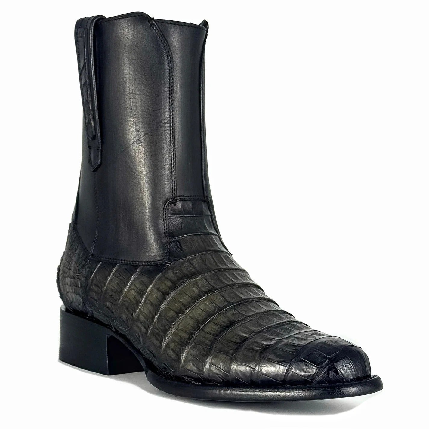 Men's Crocodile Embossed Leather Western Chelsea Boots, Block Heel Mid Calf Cowboy Ankle Boots