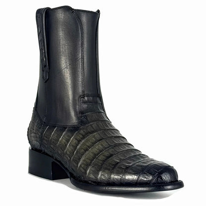 Men's Crocodile Embossed Leather Western Chelsea Boots, Block Heel Mid Calf Cowboy Ankle Boots