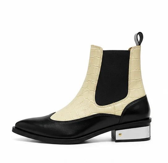 Men's Croc Print Patchwork Leather Metal Heel Chelsea Ankle Boots