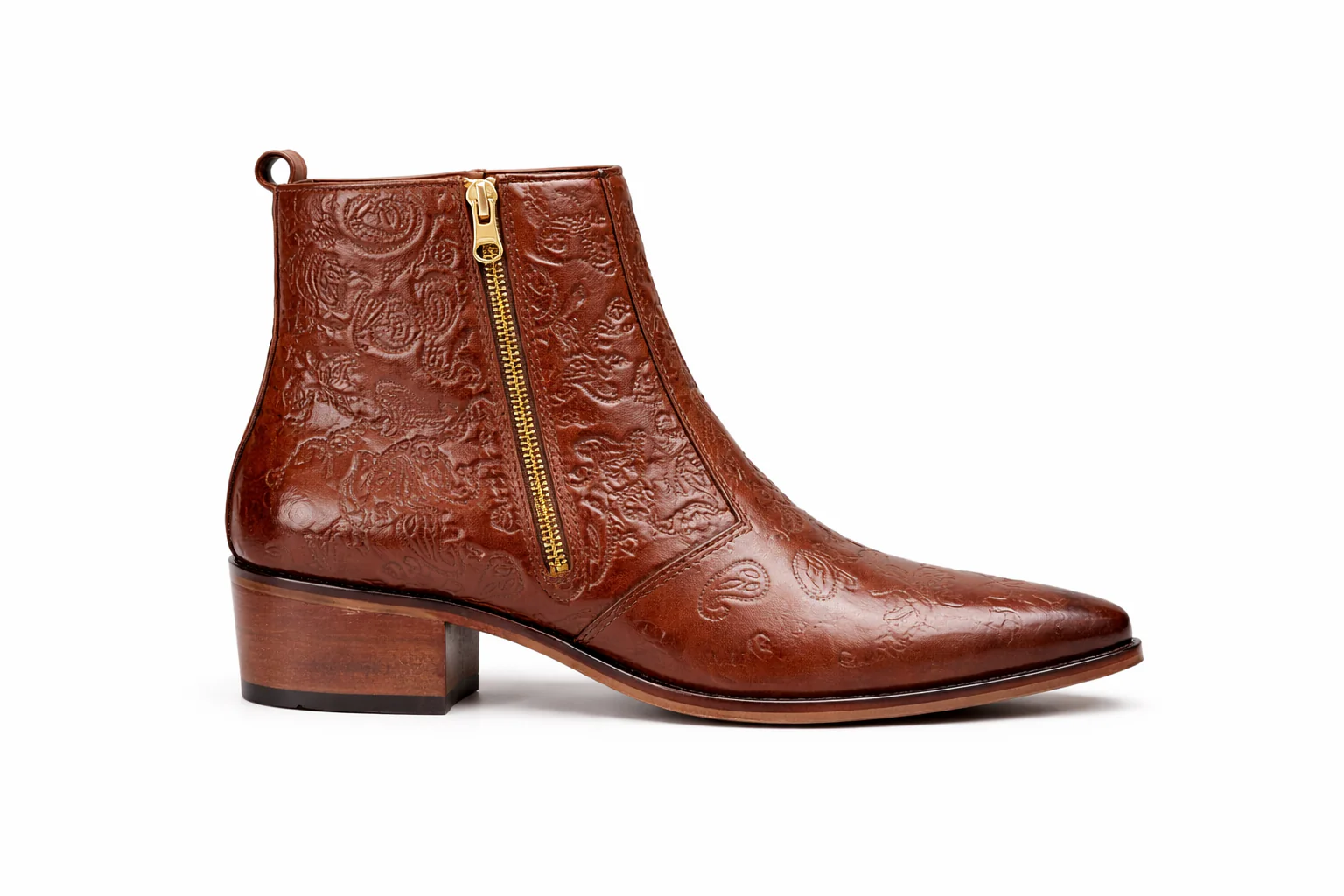 Men's Brown Embossed Paisley Leather Side Zip Western Ankle Boots