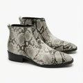 Men's Grey Snake Print Genuine Leather Pointed Toe Side Zip Ankle Boots
