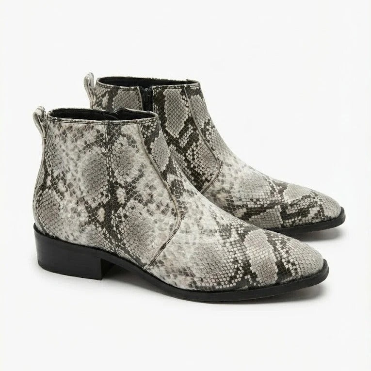 Men's Grey Snake Print Genuine Leather Pointed Toe Side Zip Ankle Boots