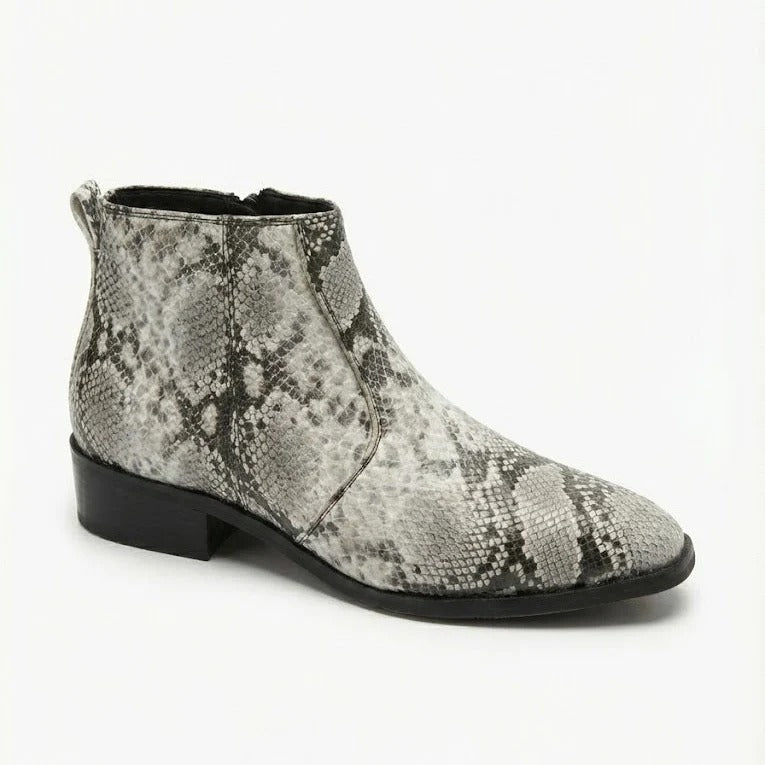 Men's Grey Snake Print Genuine Leather Pointed Toe Side Zip Ankle Boots