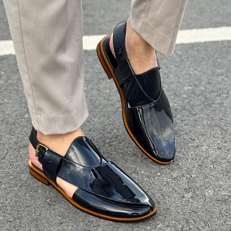 Patent Leather Kheri/Peshawari Chappal Dark Blue Sandals
