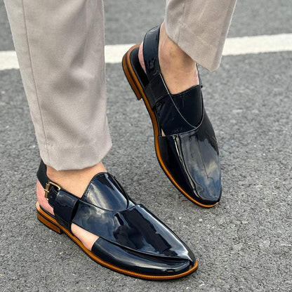 Patent Leather Kheri/Peshawari Chappal Dark Blue Sandals