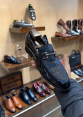 Matt Black Crocodile & Patent Moccasins