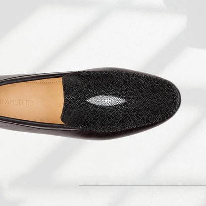 Black Moccasin With Stingray Eye And Cowhide Leather