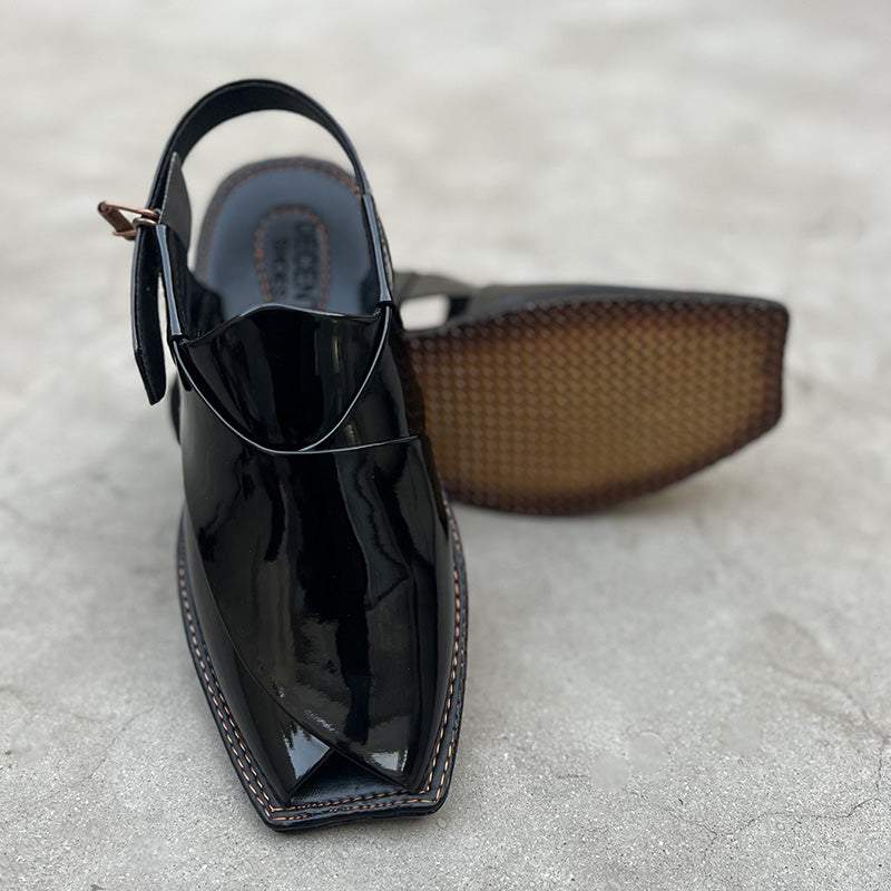 Hand Stitched Patent Black/Maroon Kheri