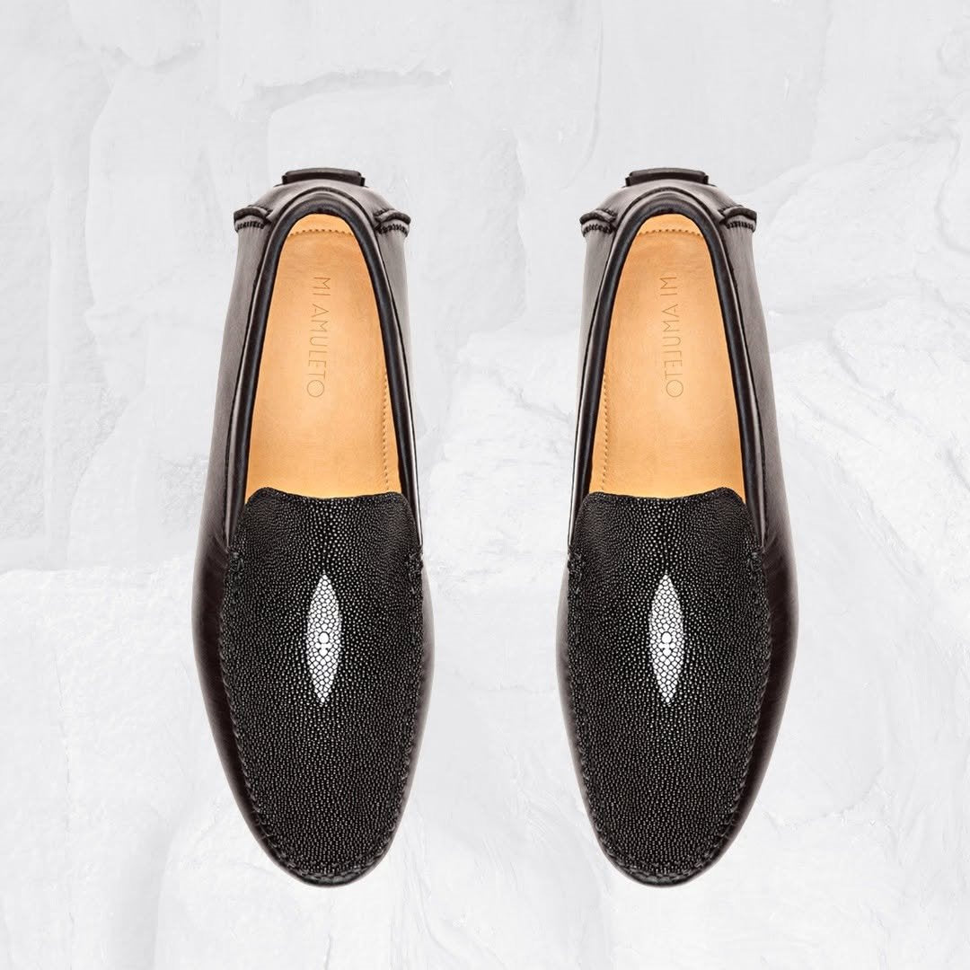 Black Moccasin With Stingray Eye And Cowhide Leather