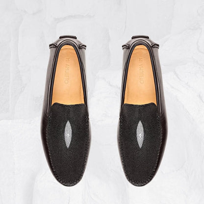 Black Moccasin With Stingray Eye And Cowhide Leather