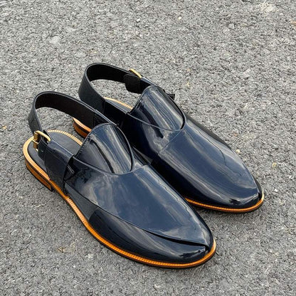 Patent Leather Kheri/Peshawari Chappal Dark Blue Sandals