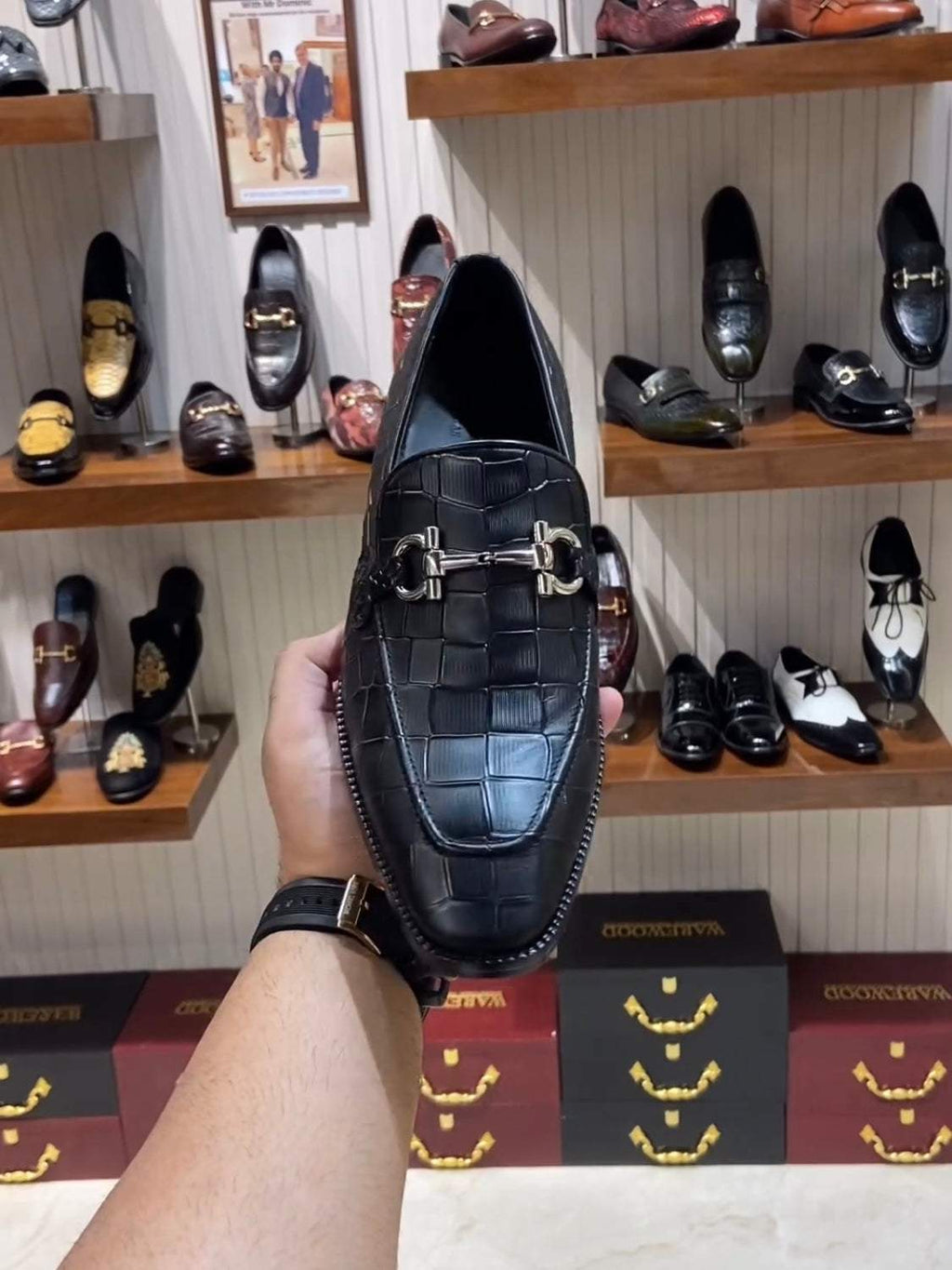 Charcoal Black Crocodile Scaled Moccasins