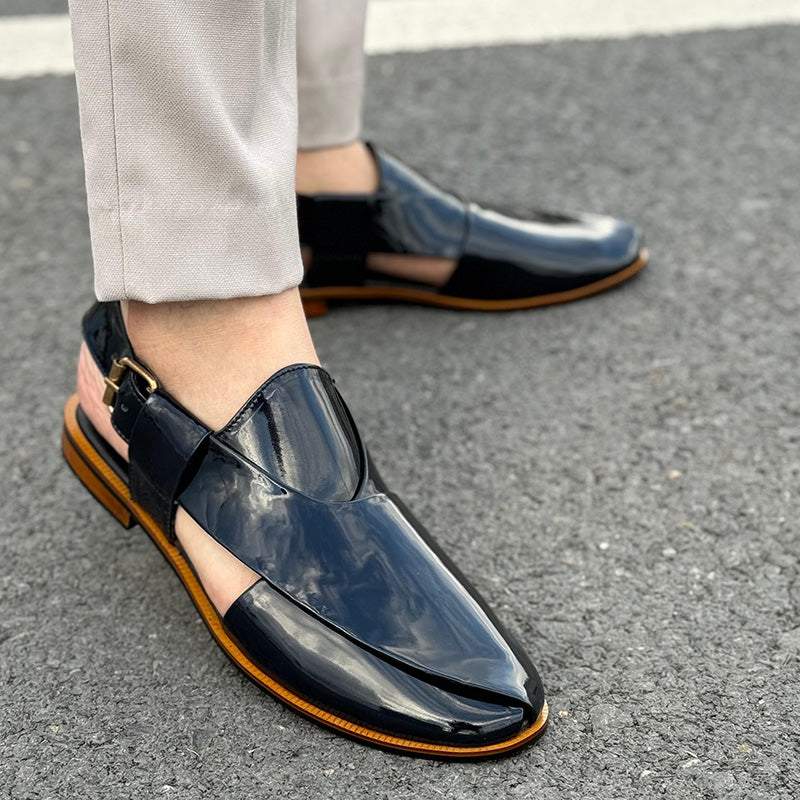 Patent Leather Kheri/Peshawari Chappal Dark Blue Sandals
