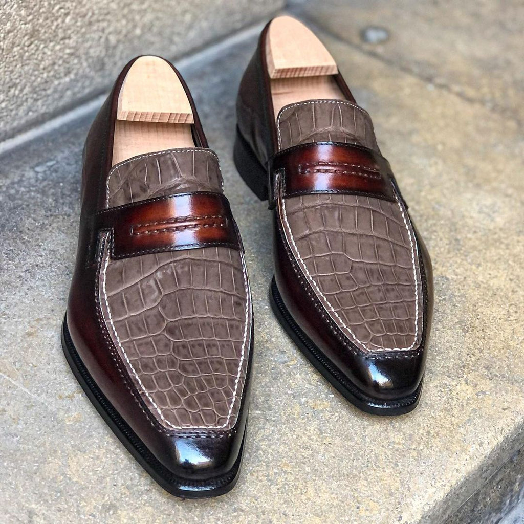 MTO Season - Lincoln Loafer - Bi-material Brown Alligator Nabuck Vamp and Mahoganny Patina on calf