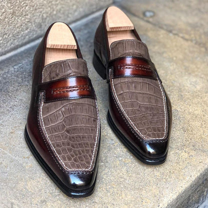 MTO Season - Lincoln Loafer - Bi-material Brown Alligator Nabuck Vamp and Mahoganny Patina on calf