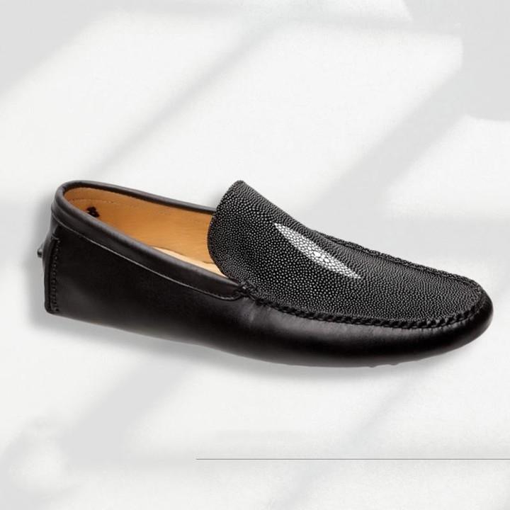 Black Moccasin With Stingray Eye And Cowhide Leather