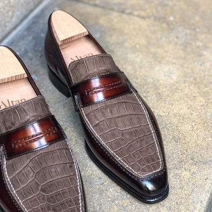 MTO Season - Lincoln Loafer - Bi-material Brown Alligator Nabuck Vamp and Mahoganny Patina on calf