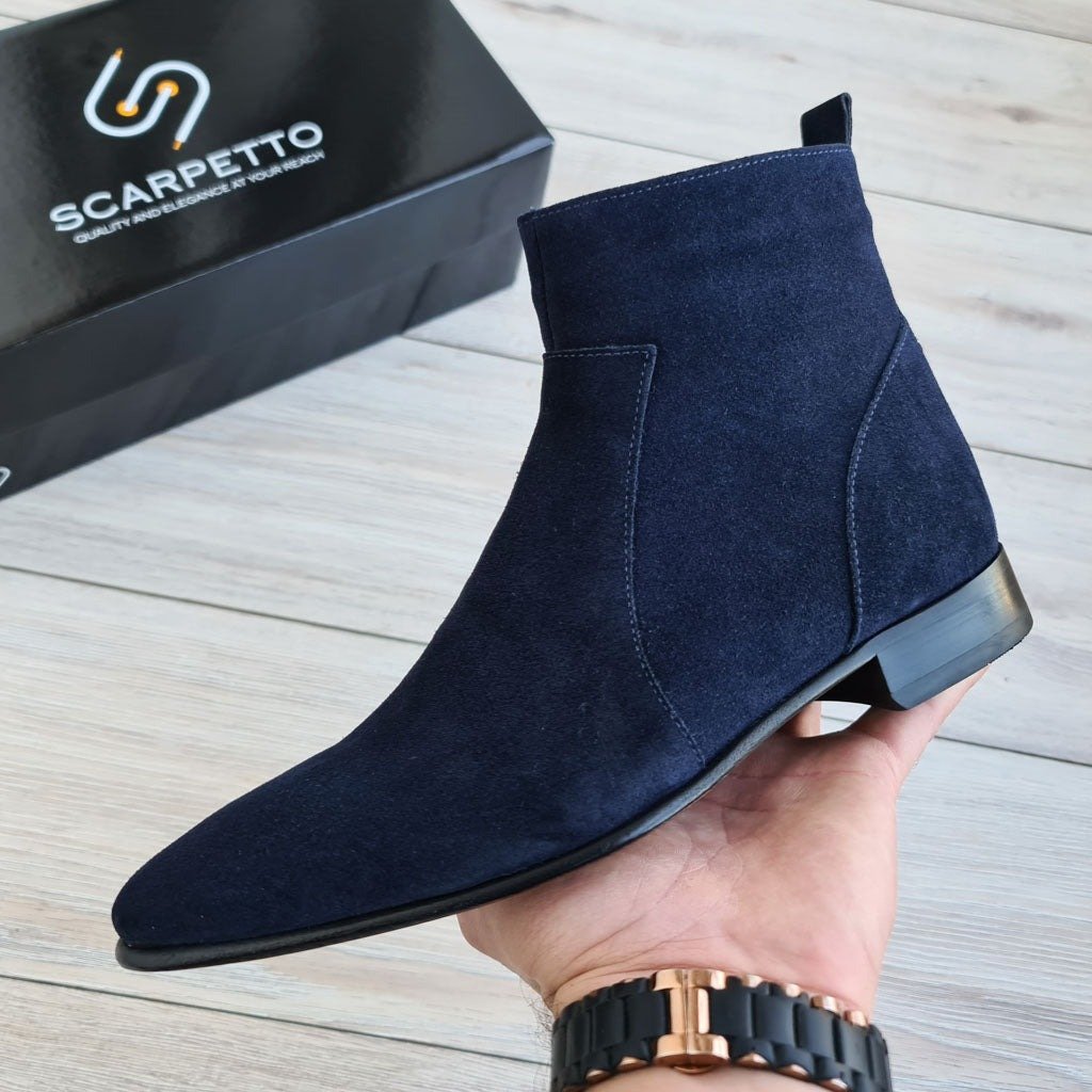 Raphael Navy Blue Men's Chelsea Genuine Suede Leather Boots