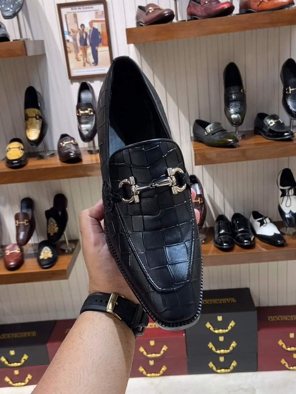 Charcoal Black Crocodile Scaled Moccasins