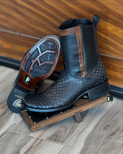Woven Cowhide Leather Laser Finish Boots