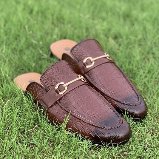 Hand Stitched Movik Brown Textured Mules