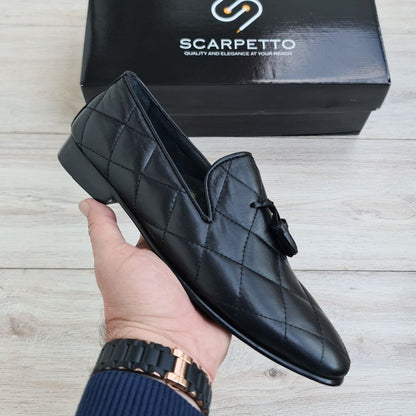 Premium Quilted Leather Tassel Loafers in Black