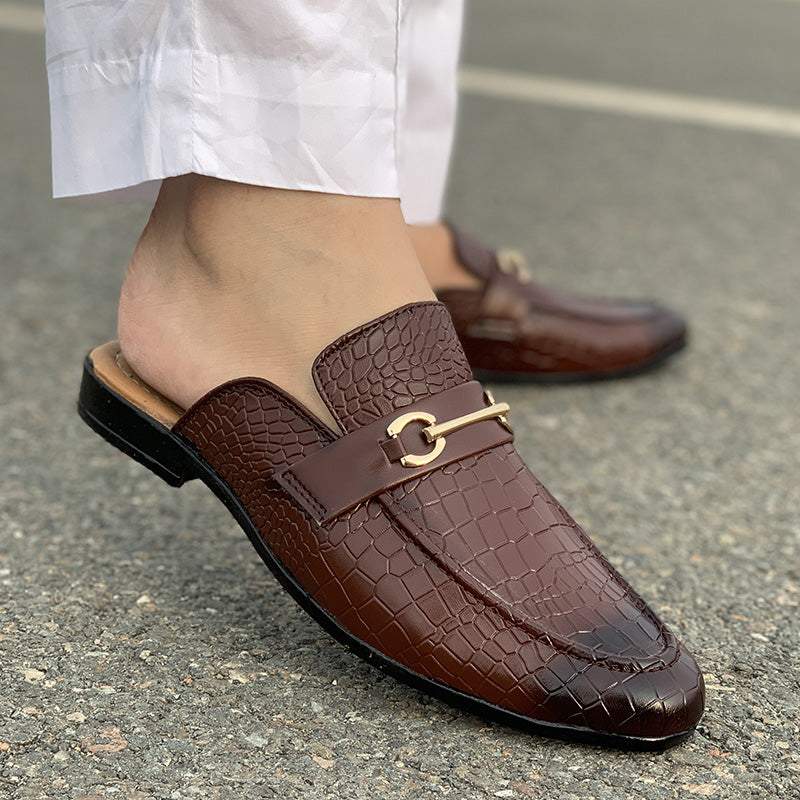 Hand Stitched Movik Brown Textured Mules