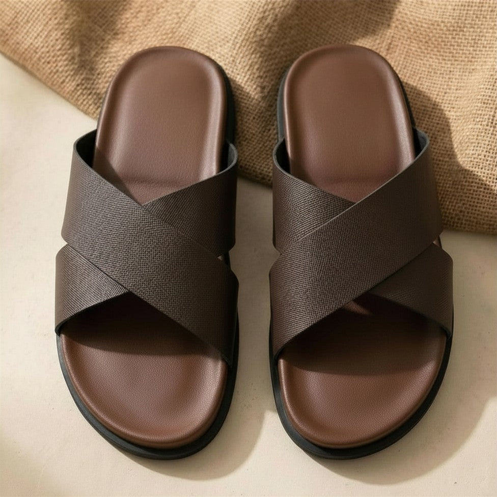 Genuine Leather Cross Strap Slide Sandals For Men