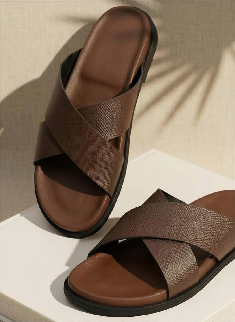 Genuine Leather Cross Strap Slide Sandals For Men