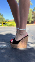 Women's Black Cork Wedge Platform Sandals Peep Toe Pearl Ankle Strap Summer Heels