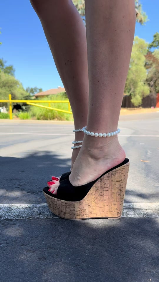 Women's Black Cork Wedge Platform Sandals Peep Toe Pearl Ankle Strap Summer Heels
