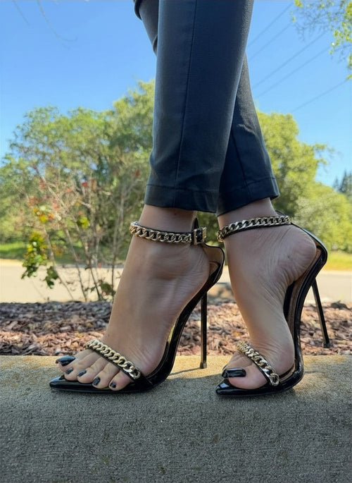 Chunky Chain Strap Pointed-Toe Stiletto Sandals | Glamourous Night Out Heels