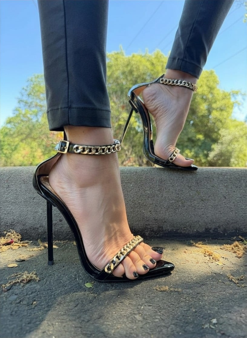 Chunky Chain Strap Pointed-Toe Stiletto Sandals | Glamourous Night Out Heels